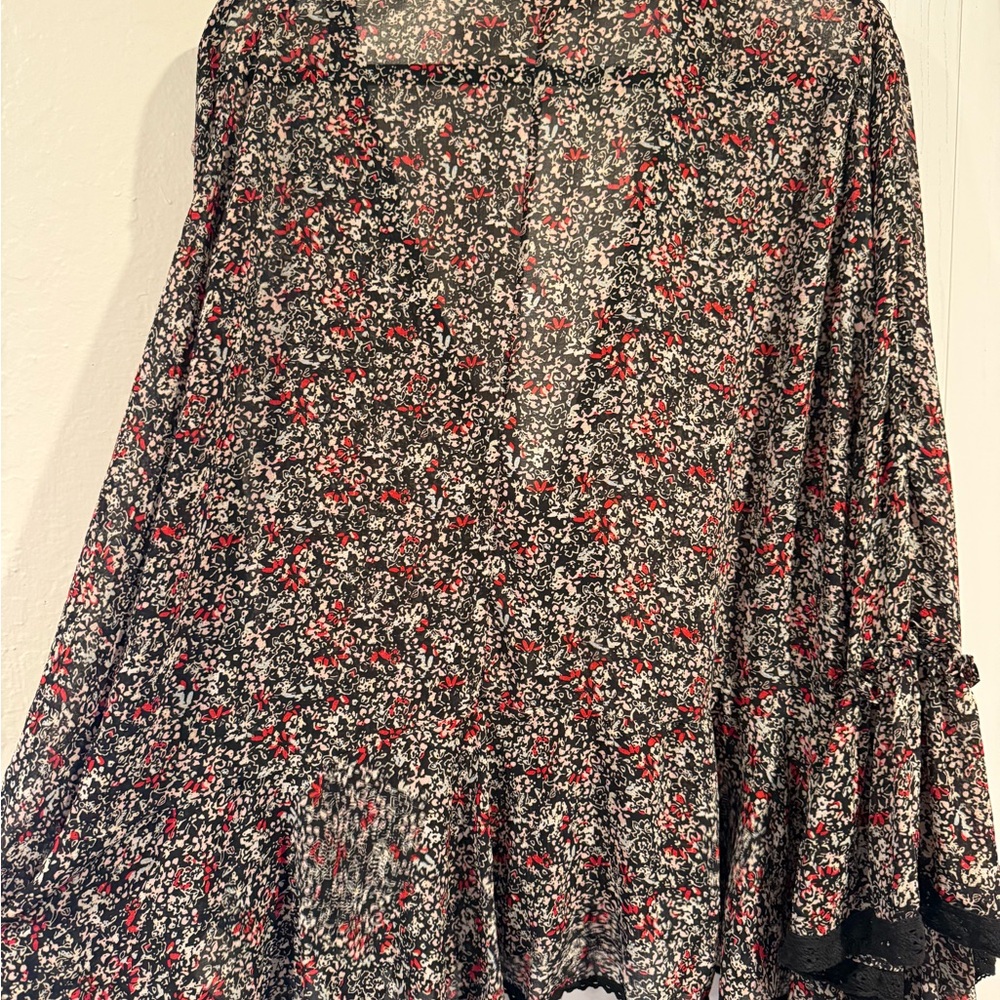 Free People Floral Tie-Front Sheer over Blouse - Black with Red & White Floral - Picture 4 of 5